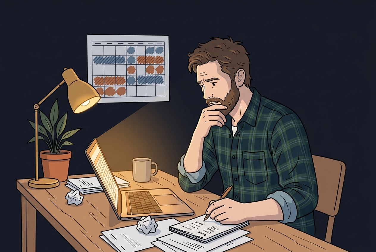 Callum at home desk with laptop, papers, custody calendar on wall