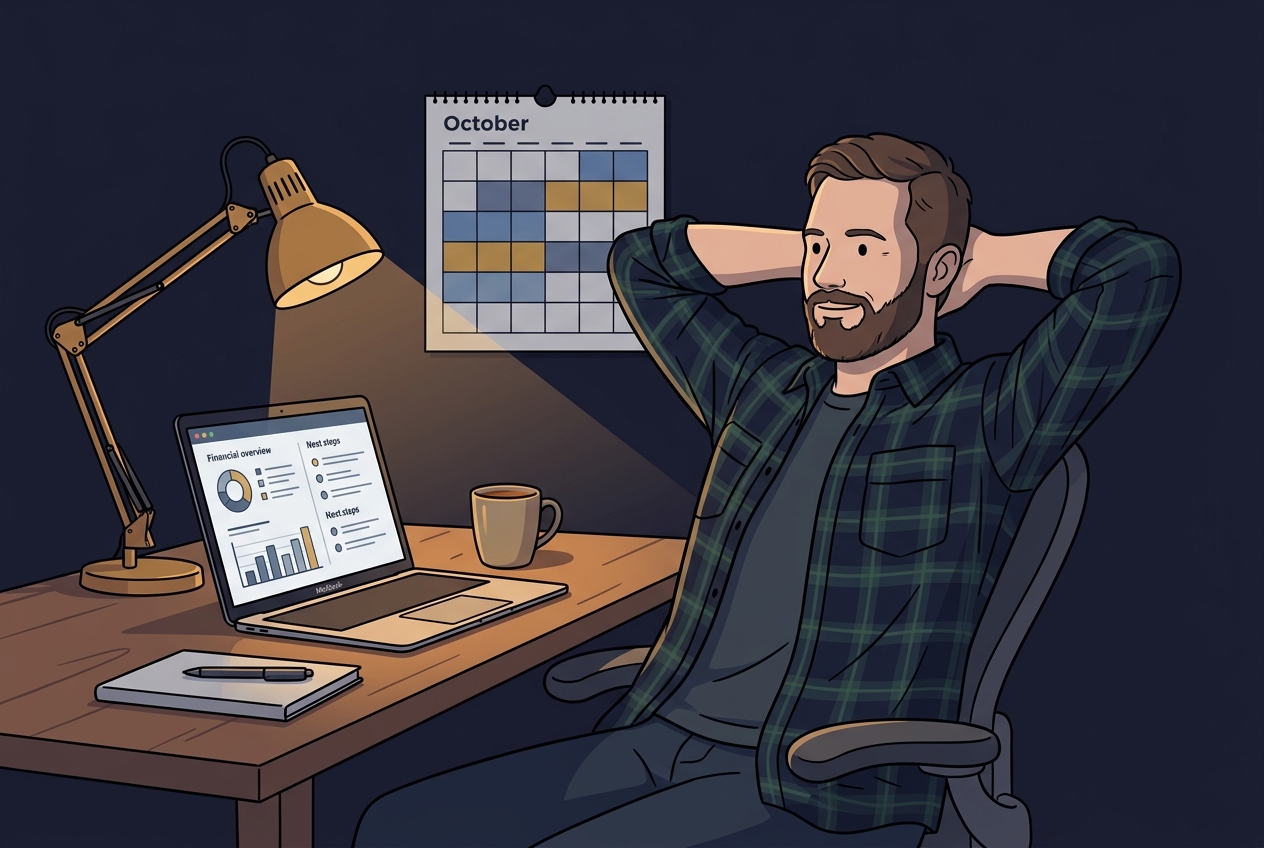 Callum leaning back calm, laptop showing organized financial overview