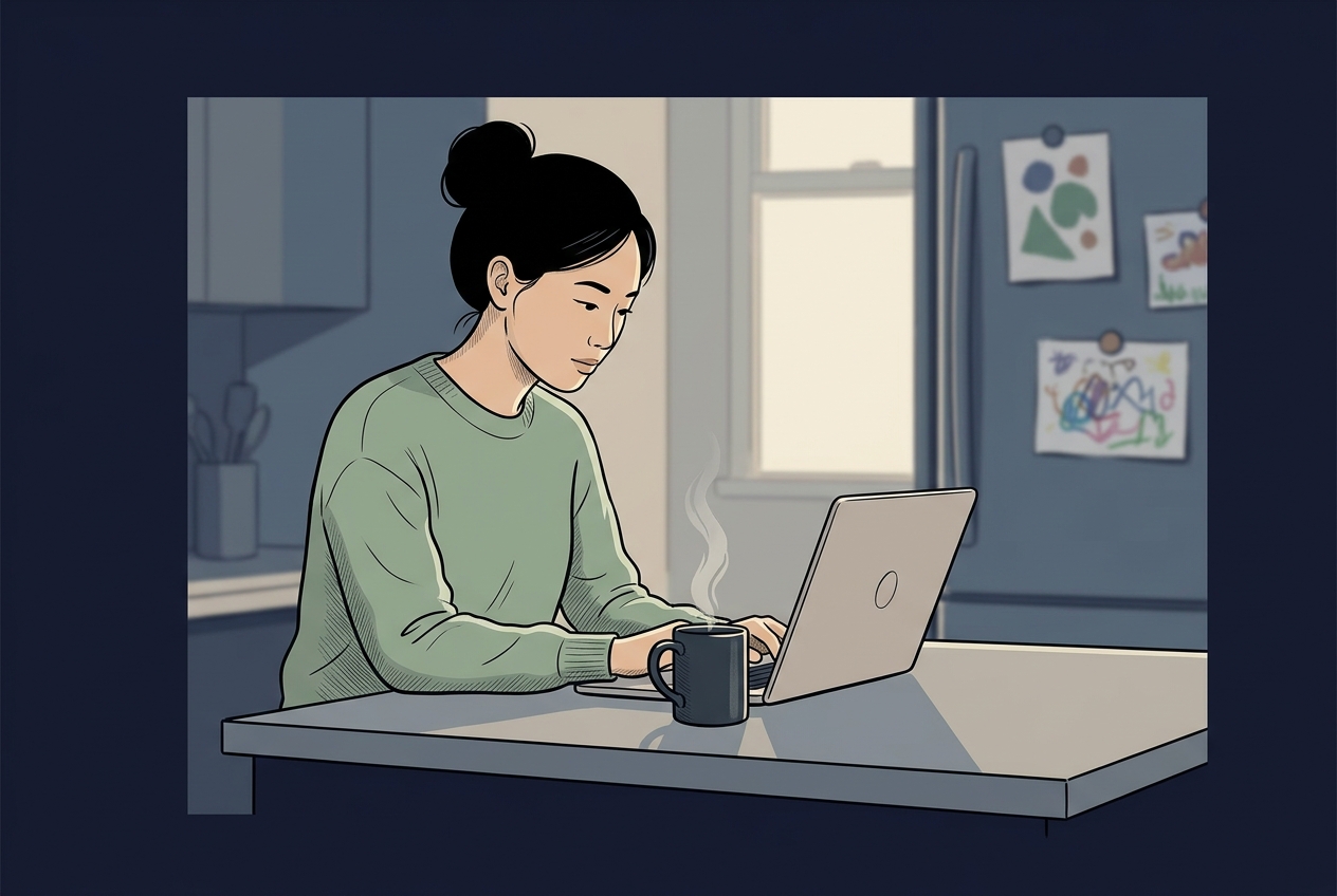 Sara at her kitchen island, focused on laptop with coffee, afternoon light