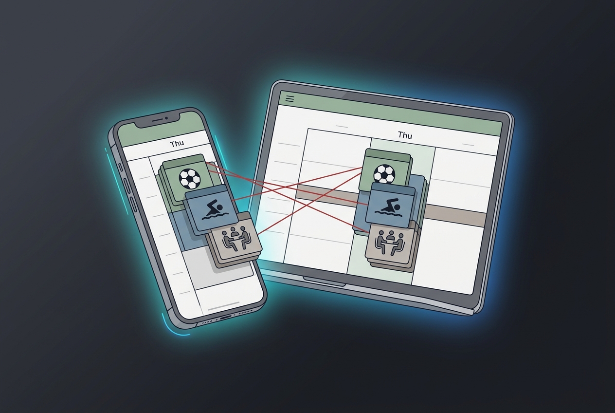 Floating notification cards showing calendar conflicts being analyzed
